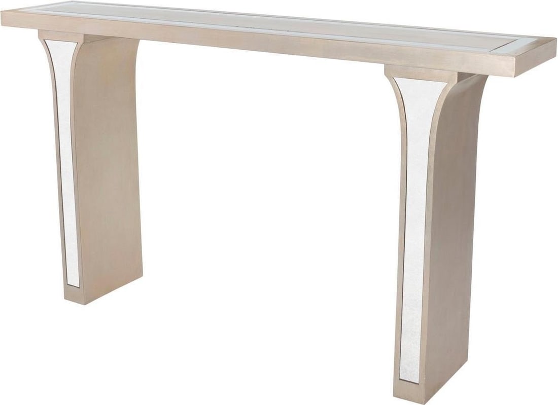 Butler Katya Console Table Antique Style Pewter Trim Silver Leaf Finish: Butler Katya Console Table Antique Style Pewter Trim Silver Leaf Finish Elevate your living space with the Katya Console Table, featuring an antique style with pewter trim. This elegant piece is craft
