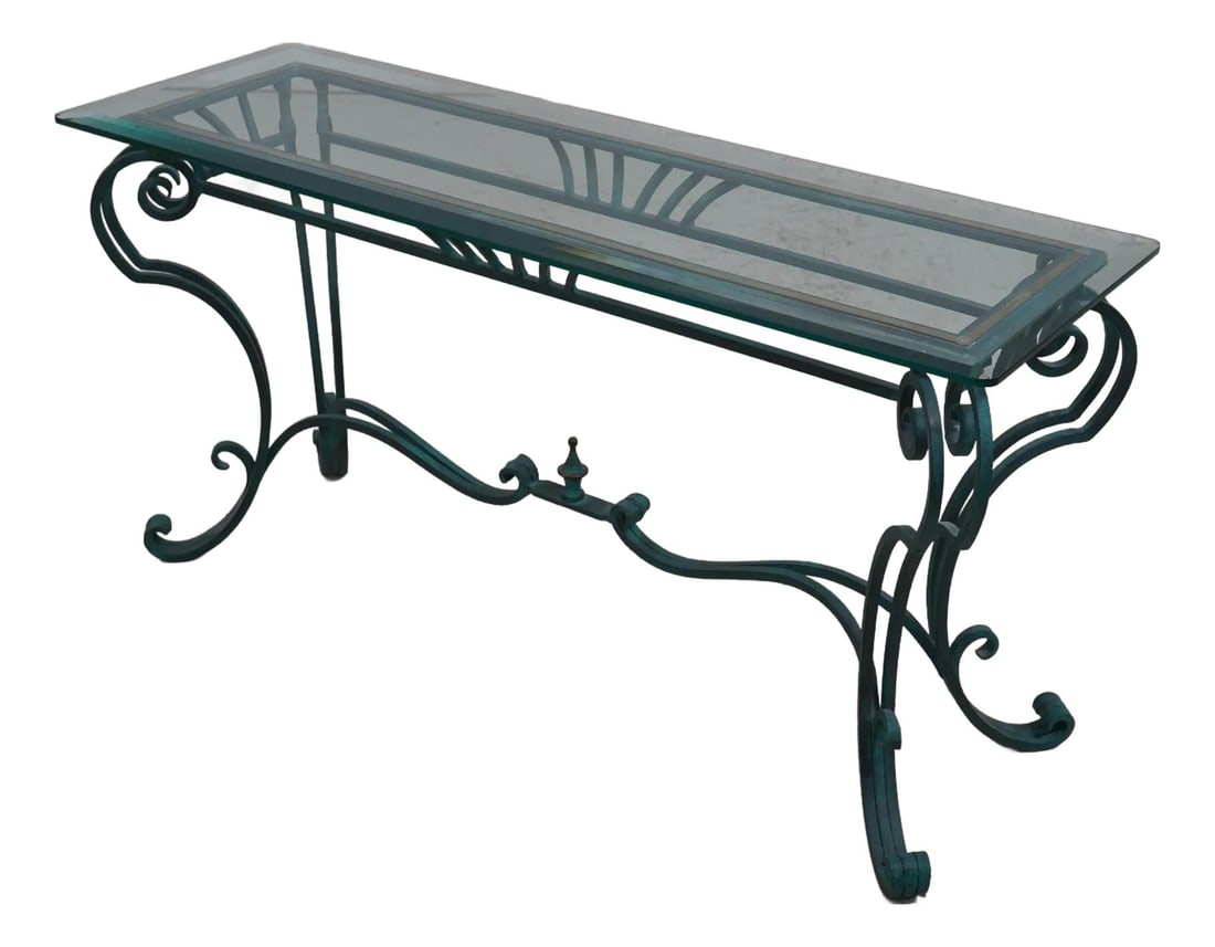 French Country Villa Console Table 54x18 Iron Base Brass Inlay: French Country Villa Console Table 54x18 Iron Base Brass Inlay This elegant French Country Villa Style Console Table features a stunning beveled glass top that showcases high-quality craftsmanship. Th