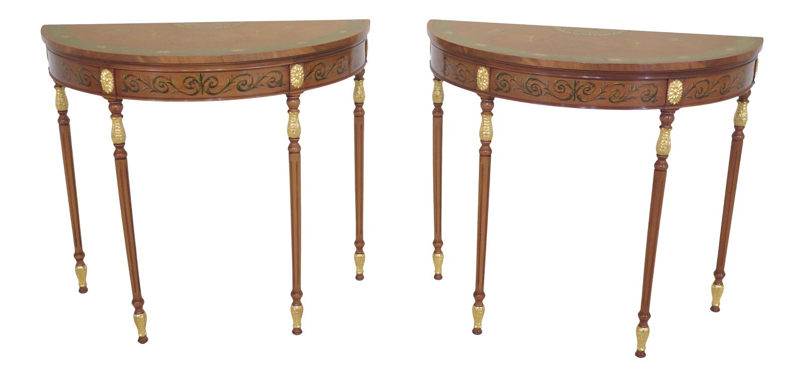 Elegant Pair of English Adam Console Tables 36x18x32: Elegant Pair of English Adam Console Tables 36x18x32 This exquisite pair of English made Adam console tables features fine carved details and high-quality construction, showcasing stunning paint-decor