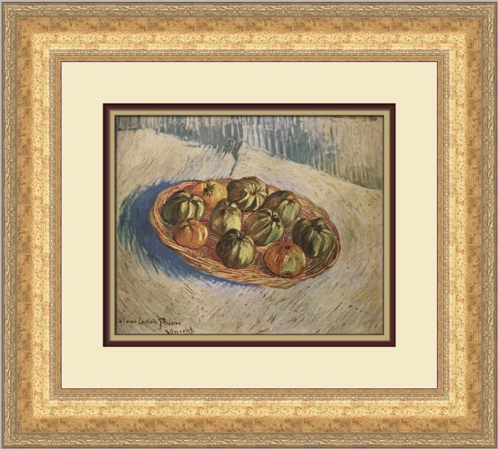 Vincent Van Gogh Basket with Apples Custom Framed Print 17x19: Vincent Van Gogh Basket with Apples Custom Framed Print 17x19 Elevate your art collection with this stunning custom framed print of Vincent Van Gogh's "Basket with Apples." This medium-sized artwork s