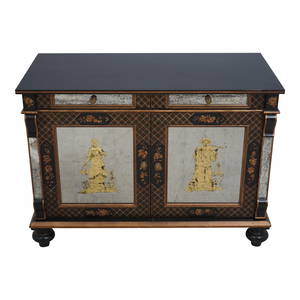 1940s Vintage Chinoiserie Eglomise 2 Door Cabinet Black Wood 41.5w x 20.5d x 30.5h