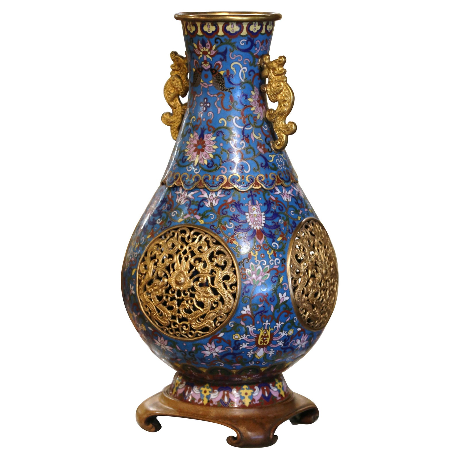 19th Century Chinese Cloisonne Enamel Reticulated Vase with Ormolu Dragons: 19th Century Chinese Cloisonne Enamel Reticulated Vase with Ormolu Dragons This exquisite 19th Century Chinese Cloisonne Enamel Reticulated Vase is a stunning piece that effortlessly enhances any deco