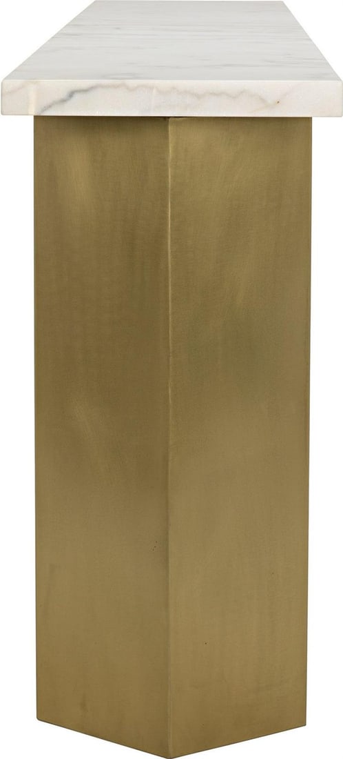 Noir Shilo Console Table Bianco Crown Marble Brass Finish: Noir Shilo Console Table Bianco Crown Marble Brass Finish Introducing the Noir Shilo Console, a stunning piece that combines elegant industrial steel with luxurious Bianco Crown marble. This transitio