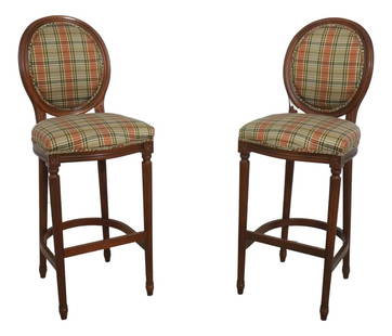 Elegant Pair of French Louis XVI Medallion Back Bar Stools: Elegant Pair of French Louis XVI Medallion Back Bar Stools This pair of French Louis XVI medallion back bar stools showcases fine carved details and high-quality construction. They feature a French