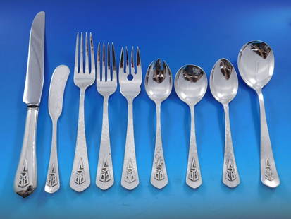 Falick Novick Arts & Crafts Sterling Silver Flatware Set 111 pcs: Falick Novick Arts & Crafts Sterling Silver Flatware Set 111 pcs Introducing a rare and exquisite handmade sterling silver flatware set by Falick Novick, reflecting the Arts & Crafts style. This