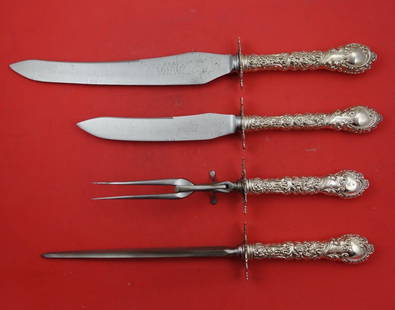 Wallace Louvre Sterling Silver 4pc Roast Carving Set: Wallace Louvre Sterling Silver 4pc Roast Carving Set Enhance your culinary experience with this exquisite 4-piece roast carving set in the Louvre pattern by Wallace. Crafted from sterling silver