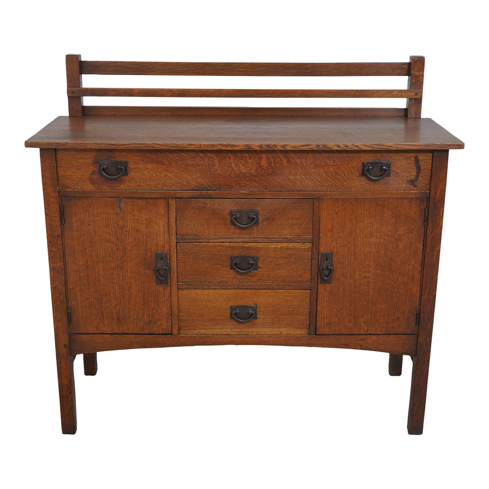 Stickley Antique Mission Oak Sideboard C.1900-1910 48x18.5x37.5 with Backsplash: Stickley Antique Mission Oak Sideboard C.1900-1910 48x18.5x37.5 with Backsplash This Stickley Antique Mission Oak Sideboard, crafted between 1900 and 1910, features a rich brown oak finish and showcas
