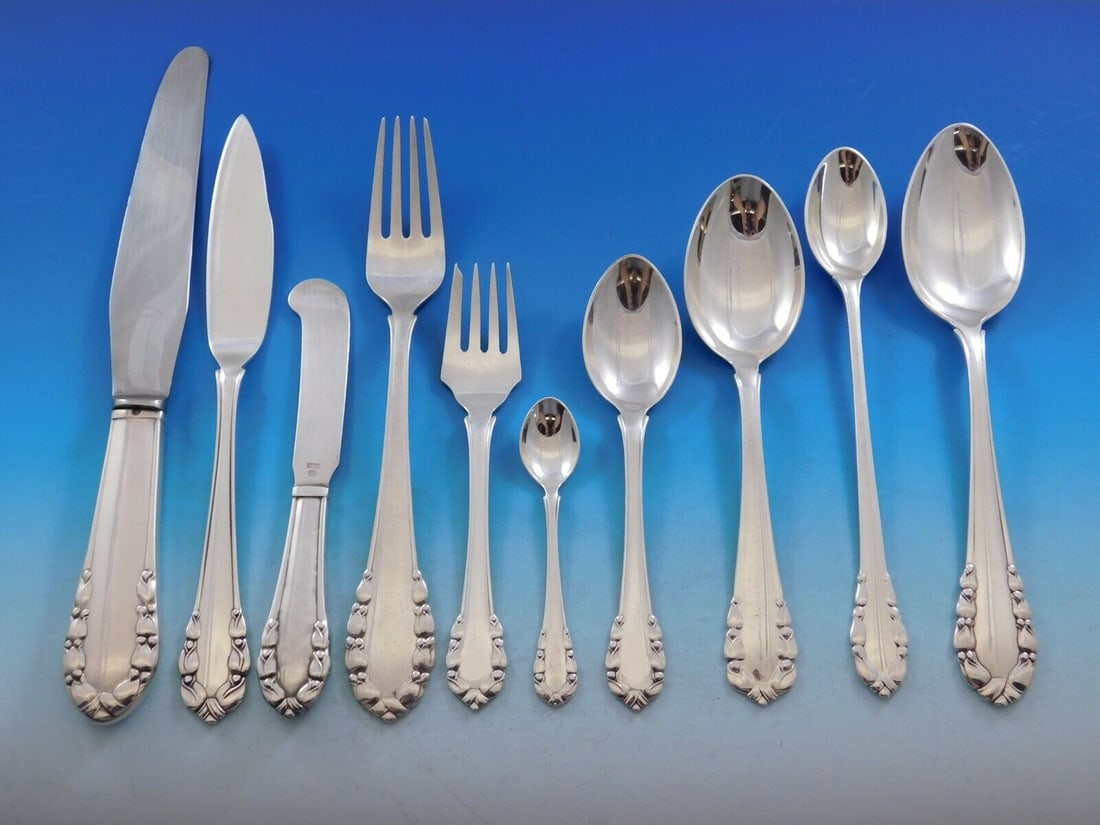 Georg Jensen Lily of the Valley Sterling Silver Flatware Set 66 Pieces: Georg Jensen Lily of the Valley Sterling Silver Flatware Set 66 Pieces Discover the exquisite craftsmanship of the Lily of the Valley flatware set by Georg Jensen, consisting of 66 pieces made from hi