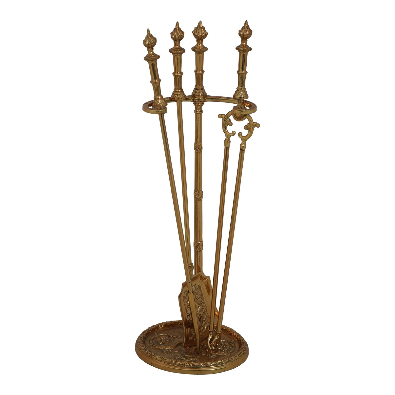 French Louis XV Style Solid Brass 4 Piece Fireplace Tool Set 10 x 9 x 29.5: French Louis XV Style Solid Brass 4 Piece Fireplace Tool Set 10 x 9 x 29.5 Enhance your fireplace with this exquisite four-piece tool set, crafted in the elegant French Louis XV style. Constructed fro