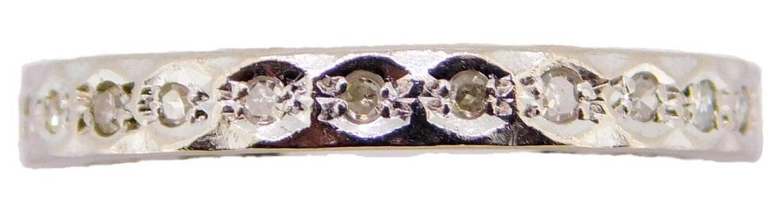 18k White Gold Diamond Eternity Band Size 7.5 Vintage 1940s: 18k White Gold Diamond Eternity Band Size 7.5 Vintage 1940s This exquisite 18k white gold eternity band showcases genuine natural diamonds, featuring a stunning array of single cut round diamonds