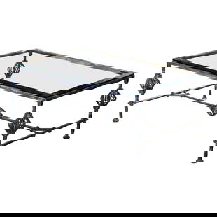 Gothic Vintage Wrought Iron Beveled Glass Coffee Table circa 1980: Gothic Vintage Wrought Iron Beveled Glass Coffee Table circa 1980 This Vintage Beveled Glass Polished Forged Wrought Iron Coffee Table features a unique Gothic design, making it a striking addition