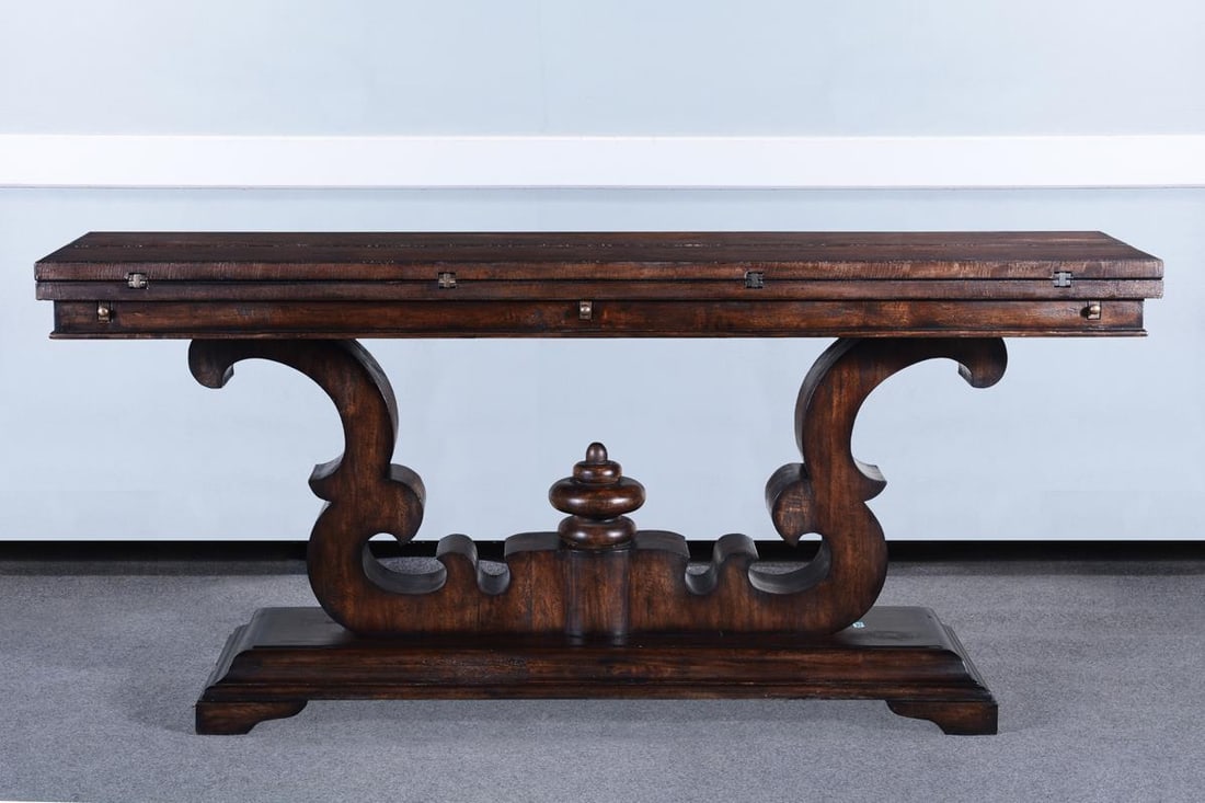 Elegant Flip Top Sofa Table with Carved Pedestal: Elegant Flip Top Sofa Table with Carved Pedestal Introducing the Elegant Flip Top Console Table, a stunning addition to any home decor. Crafted in a vintage style, this table features a beautifully ca