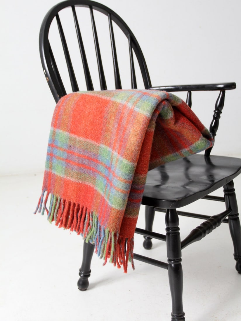 Vintage Wool Throw Blanket Red Green Blue Plaid Fringe: Vintage Wool Throw Blanket Red Green Blue Plaid Fringe Wrap yourself in comfort with this vintage wool plaid throw blanket. Showcasing a charming pattern of red, green, and blue, this soft blanket fea