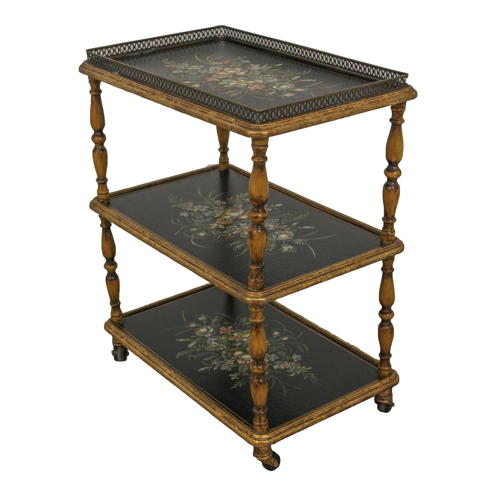 Floral Decorated 3 Tier Dessert Trolley Cart: Floral Decorated 3 Tier Dessert Trolley Cart This elegant three-tier dessert trolley cart is a charming addition to any dining or entertaining space. Approximately 25 years old, it features a beautifu