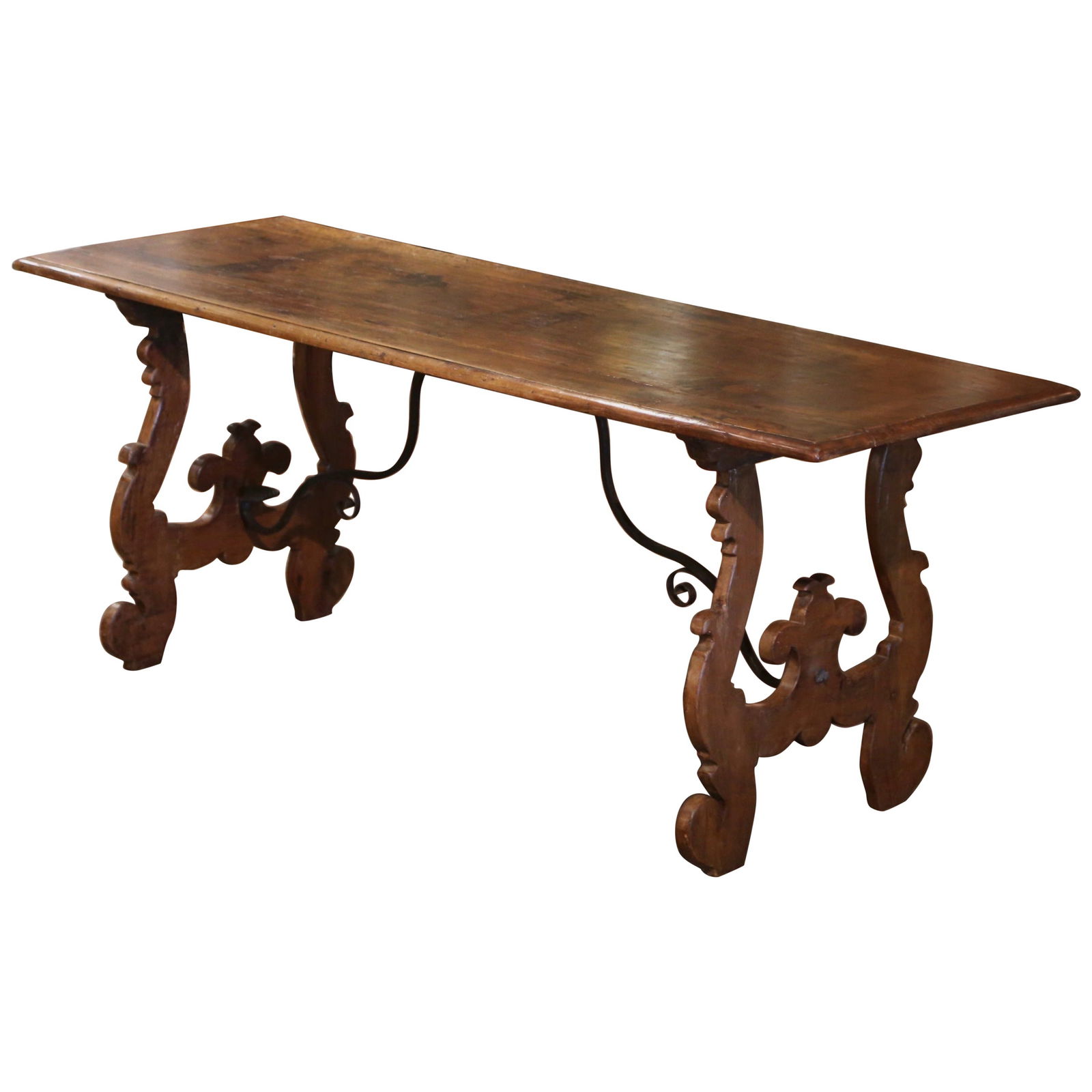 18th Century Italian Baroque Walnut Wrought Iron Console Table: 18th Century Italian Baroque Walnut Wrought Iron Console Table Elevate your space with this stunning 18th Century Italian Baroque Carved Walnut and Wrought Iron Trestle Console. Crafted in southwest I