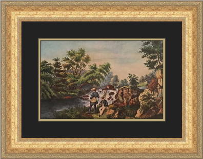 Currier & Ives The Trout Stream Custom Framed Landscape Print 1952: Currier & Ives The Trout Stream Custom Framed Landscape Print 1952 Introducing a stunning custom framed print titled "The Trout Stream" by the renowned artist Currier & Ives. This medium-sized