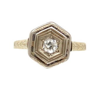 Art Deco 14k Yellow Gold Diamond Ring White Gold Top GIA Certified: Art Deco 14k Yellow Gold Diamond Ring White Gold Top GIA Certified This exquisite Art Deco ring features a stunning 14k yellow gold band complemented by a white gold top. The centerpiece is a clear,