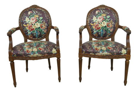 Elegant Pair of Louis XV Style Floral Armchairs Walnut Finish 39.5h: Elegant Pair of Louis XV Style Floral Armchairs Walnut Finish 39.5h This exquisite pair of French Louis XV style armchairs features elegant floral upholstery and intricate carved details reminiscent