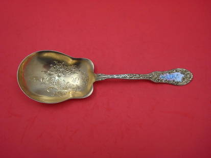 Dominick & Haff Number 10 Sterling Silver Vermeil Berry Spoon 9 1/8" Enameled Flowers: Dominick & Haff Number 10 Sterling Silver Vermeil Berry Spoon 9 1/8" Enameled Flowers Discover this exquisite Number 10 Berry Spoon by Dominick & Haff, a stunning piece of craftsmanship from