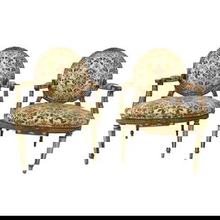 Karges Louis XVI Style Open Armchairs Pair Gold Floral Upholstery 28w x 26d x 41h: Karges Louis XVI Style Open Armchairs Pair Gold Floral Upholstery 28w x 26d x 41h This exquisite pair of Karges Louis XVI style fauteuil open armchairs showcases fine carved details and high-quality