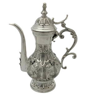 Elegant 925 Sterling Silver Oil Pitcher 8 Inches with Leaf Applique: Elegant 925 Sterling Silver Oil Pitcher 8 Inches with Leaf Applique This exquisite oil pitcher is crafted from fine 925 sterling silver, featuring intricate handmade chased leaf applique designs