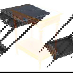 Ej Victor Neoclassical Table with Black Marble Top and Dovetailed Drawer 24 x 16 x 29: Ej Victor Neoclassical Table with Black Marble Top and Dovetailed Drawer 24 x 16 x 29 This elegant neoclassical occasional table features a stunning black marble top and a single dovetailed drawer,