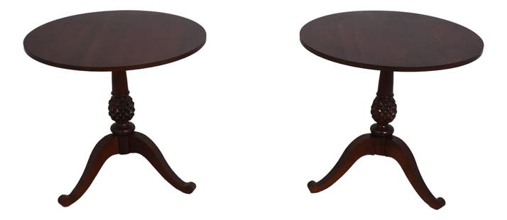Ethan Allen Cherry Round End Tables Caribbean Pineapple Design 28x28x26.5: Ethan Allen Cherry Round End Tables Caribbean Pineapple Design 28x28x26.5 Enhance your living space with this exquisite pair of Ethan Allen Cherry Round End Tables. Crafted from high-quality cherry