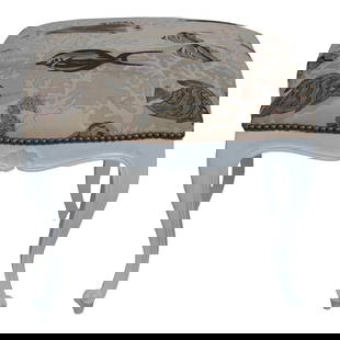 Charming Fish Print French Stool Ottoman 20w x 16d x 17.5h: Charming Fish Print French Stool Ottoman 20w x 16d x 17.5h This exquisite French stool or ottoman features a charming fish print upholstery and boasts a quality construction with a classic white