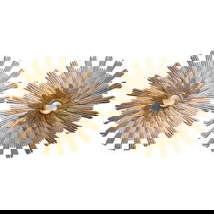 Vintage Italian Giltwood Sunburst Mirrors Set of 2 62.75 Diameter: Vintage Italian Giltwood Sunburst Mirrors Set of 2 62.75 Diameter Enhance your home decor with this stunning pair of vintage Italian carved giltwood sunburst mirrors, each boasting a monumental