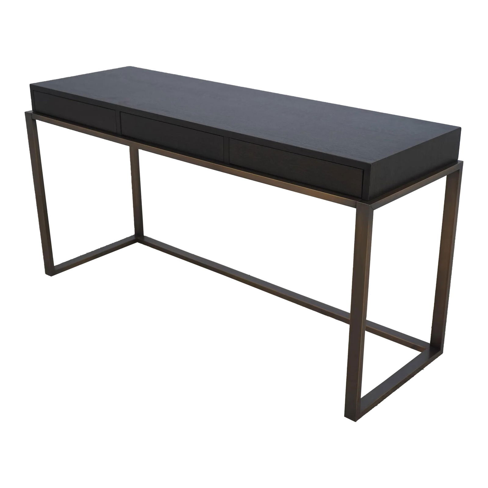 Modern 3 Drawer Console Table Dark Oak Metal Base 59 x 19.5 x 30: Modern 3 Drawer Console Table Dark Oak Metal Base 59 x 19.5 x 30 This Modern Design 3 Drawer Console Sofa Table combines functional storage with sleek aesthetics. Featuring dovetailed drawer construct
