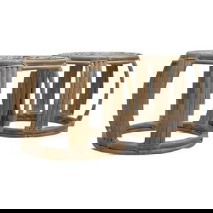 Charming Vintage Coastal Rattan Side Tables Pair Ecru 27x27x19.5: Charming Vintage Coastal Rattan Side Tables Pair Ecru 27x27x19.5 Enhance your living space with this charming pair of Vintage Coastal Washed Rattan Side Tables. Designed in an American style, these