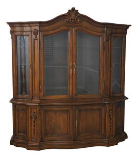 Karges Walnut French Style Curved Glass China Cabinet with Adjustable Shelves: Karges Walnut French Style Curved Glass China Cabinet with Adjustable Shelves This exquisite Karges French Style China Cabinet features a stunning walnut construction, showcasing fine carved details