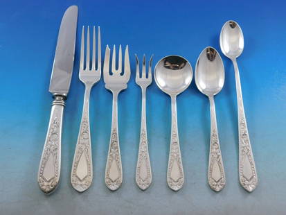 Stieff Betsy Patterson Engraved Sterling Silver Flatware Set 69 pcs Service for 8: Stieff Betsy Patterson Engraved Sterling Silver Flatware Set 69 pcs Service for 8 Discover the exquisite Betsy Patterson Engraved Sterling Silver Flatware Set, crafted by Stieff c1932, consisting of
