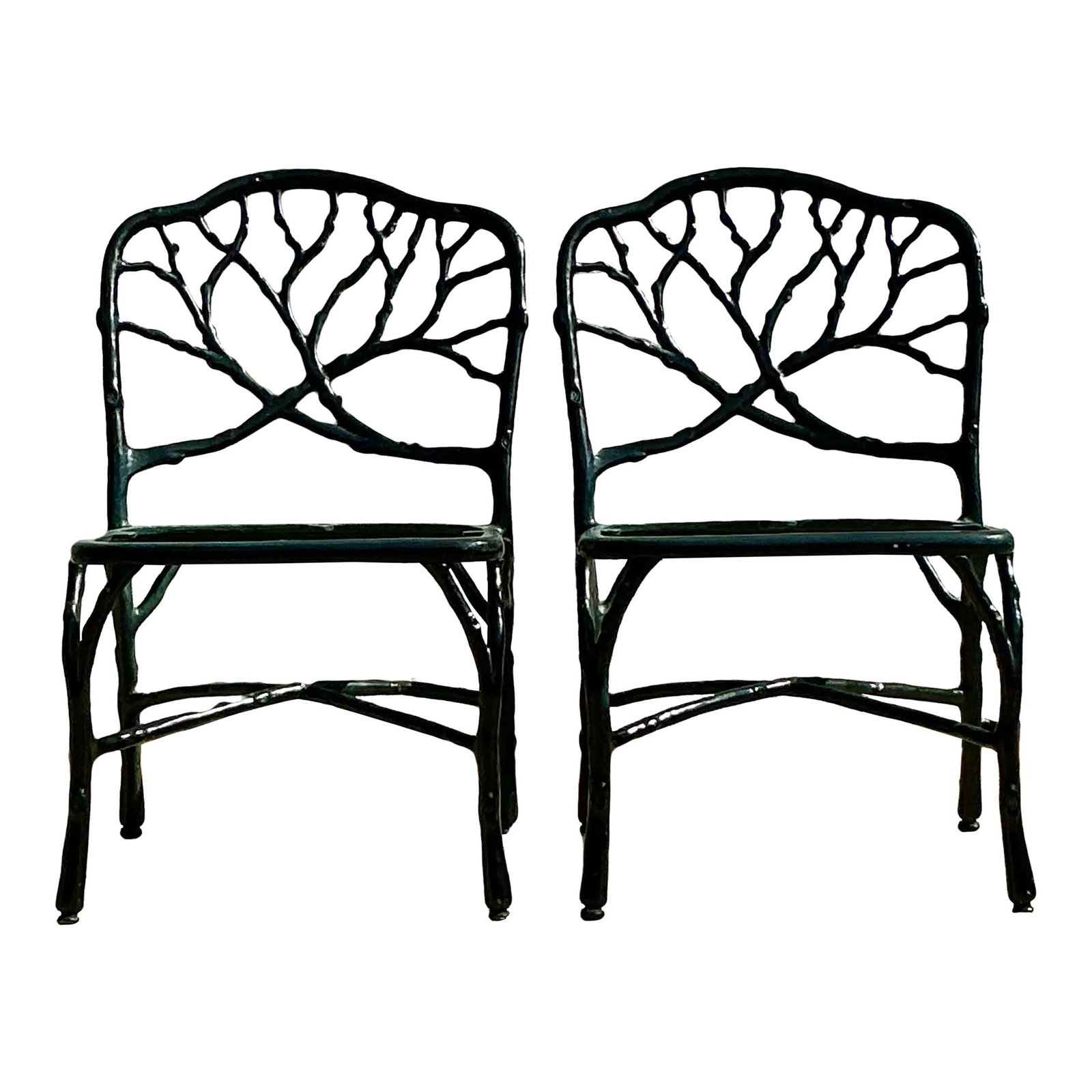 Vintage Boho Cast Aluminum Branch Back Chairs - Pair in Ebony: Vintage Boho Cast Aluminum Branch Back Chairs - Pair in Ebony Enhance your living space with this stunning pair of vintage boho cast aluminum branch back chairs. Designed to evoke the beauty of nature