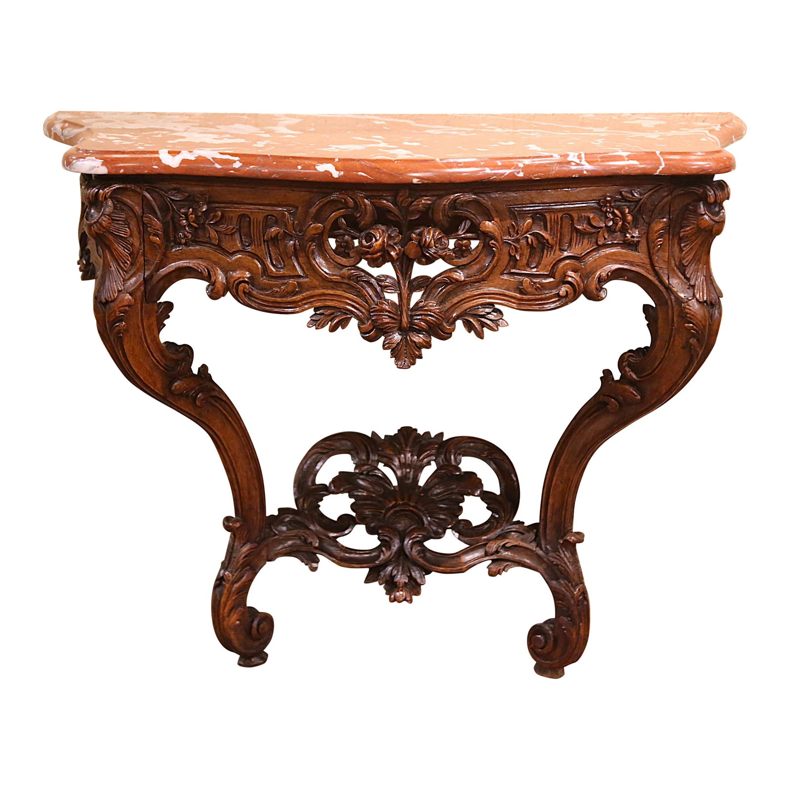 18th Century Louis XV Carved Walnut Console Table with Marble Top: 18th Century Louis XV Carved Walnut Console Table with Marble Top Elevate your entryway with this stunning 18th Century French console table, a true masterpiece from Provence. Crafted circa 1770 in th
