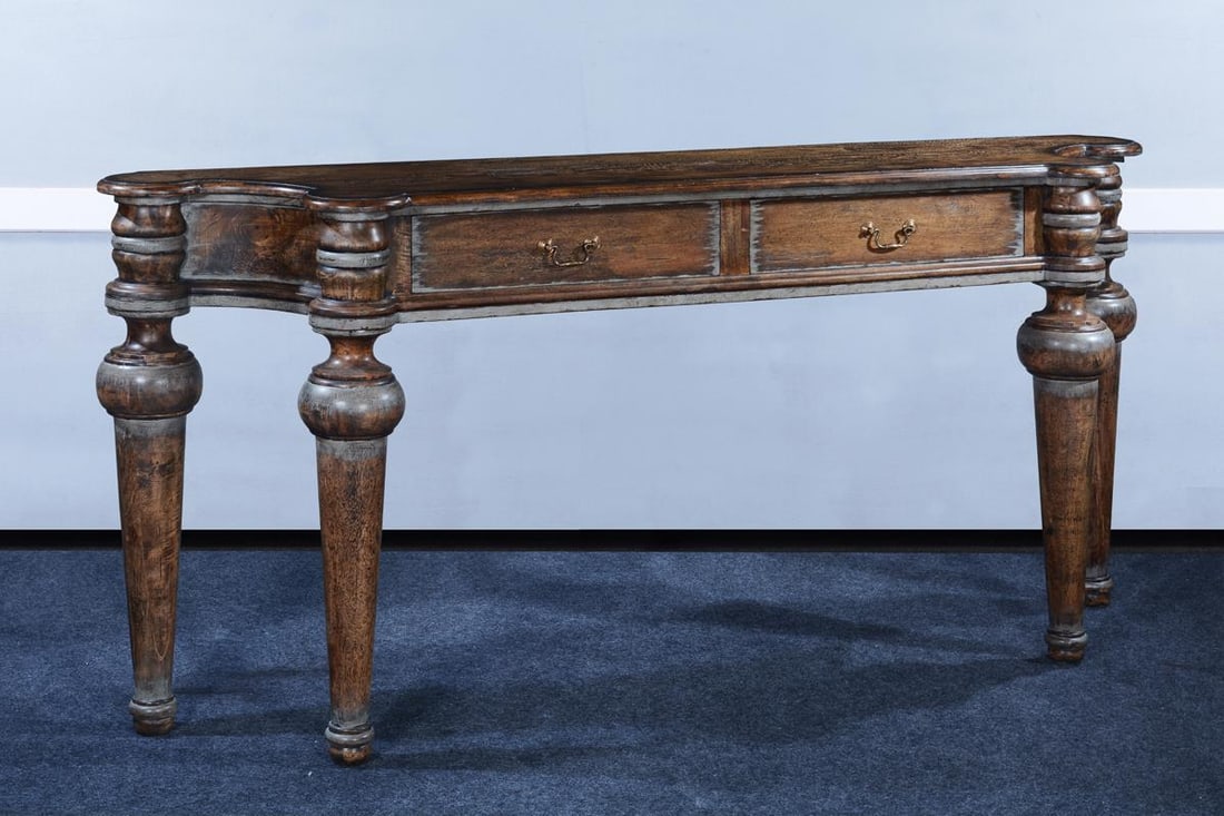 Rustic Console Table 39H 84W 18D Solid Wood Brass Accents: Rustic Console Table 39H 84W 18D Solid Wood Brass Accents This distinctive rustic console table combines Swedish accents with a charming antique or vintage style. Crafted from solid wood, it features