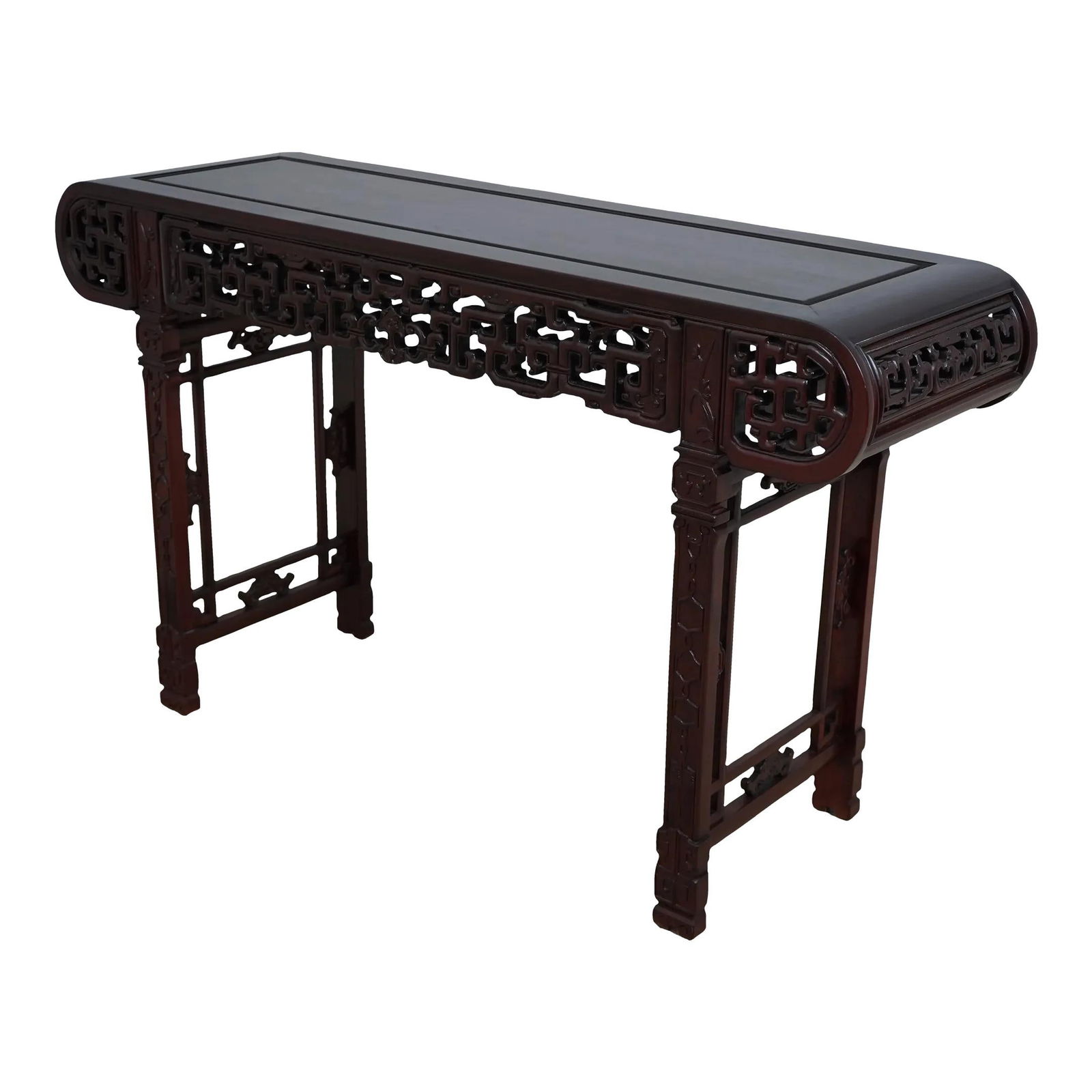 Vintage Chinese Teak Console Table 59" W with Ornate Carvings: Vintage Chinese Teak Console Table 59" W with Ornate Carvings This exquisite Chinese Oriental Carved Teak Console Table showcases intricate ornate carvings and is crafted from solid teak wood featurin