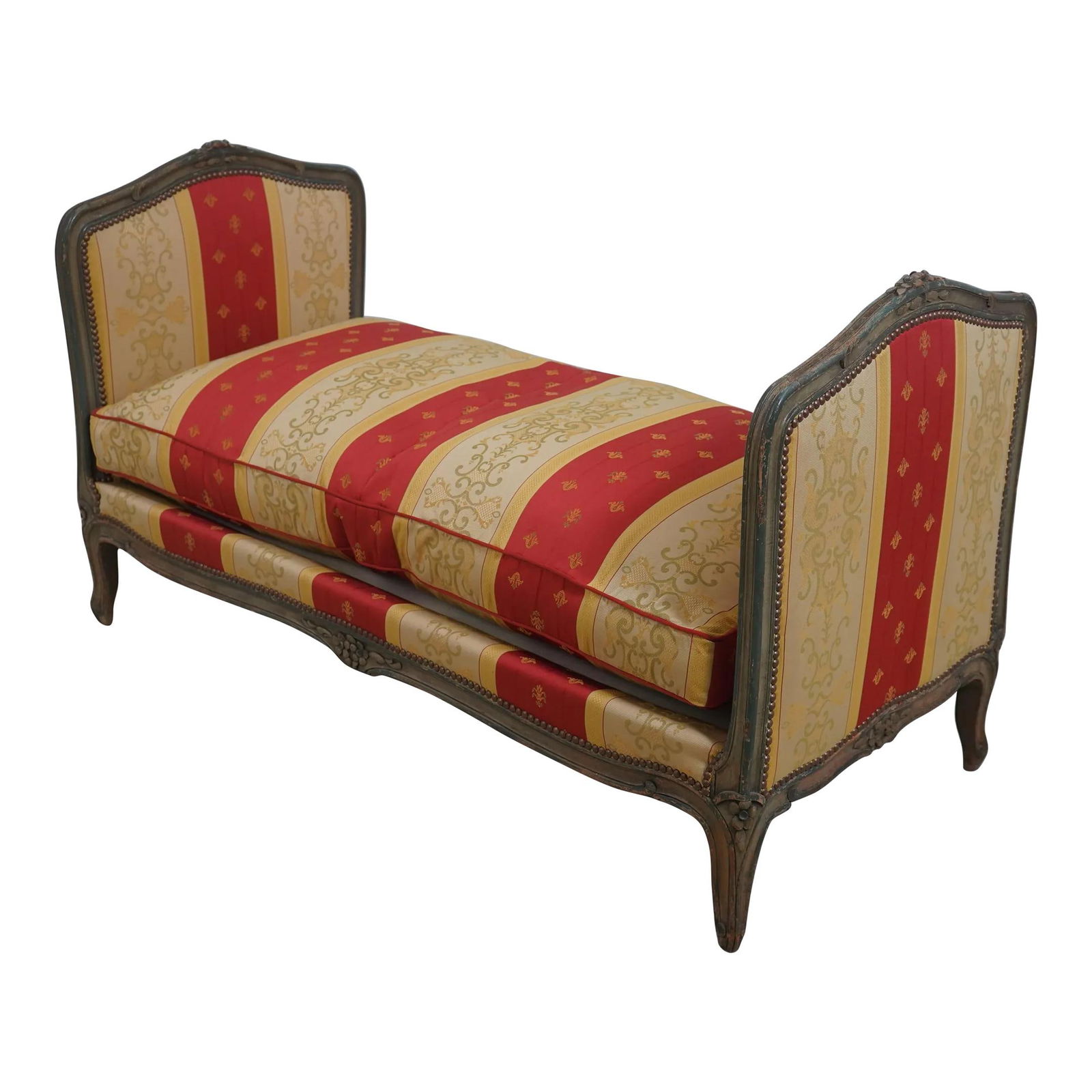 Antique French Louis XV Chaise Lounge 54w x 27d x 32h Down Seat Cushion: Antique French Louis XV Chaise Lounge 54w x 27d x 32h Down Seat Cushion This exquisite Antique French Louis XV Chaise Lounge features a beautifully painted finish and a plush down seat cushion, showca