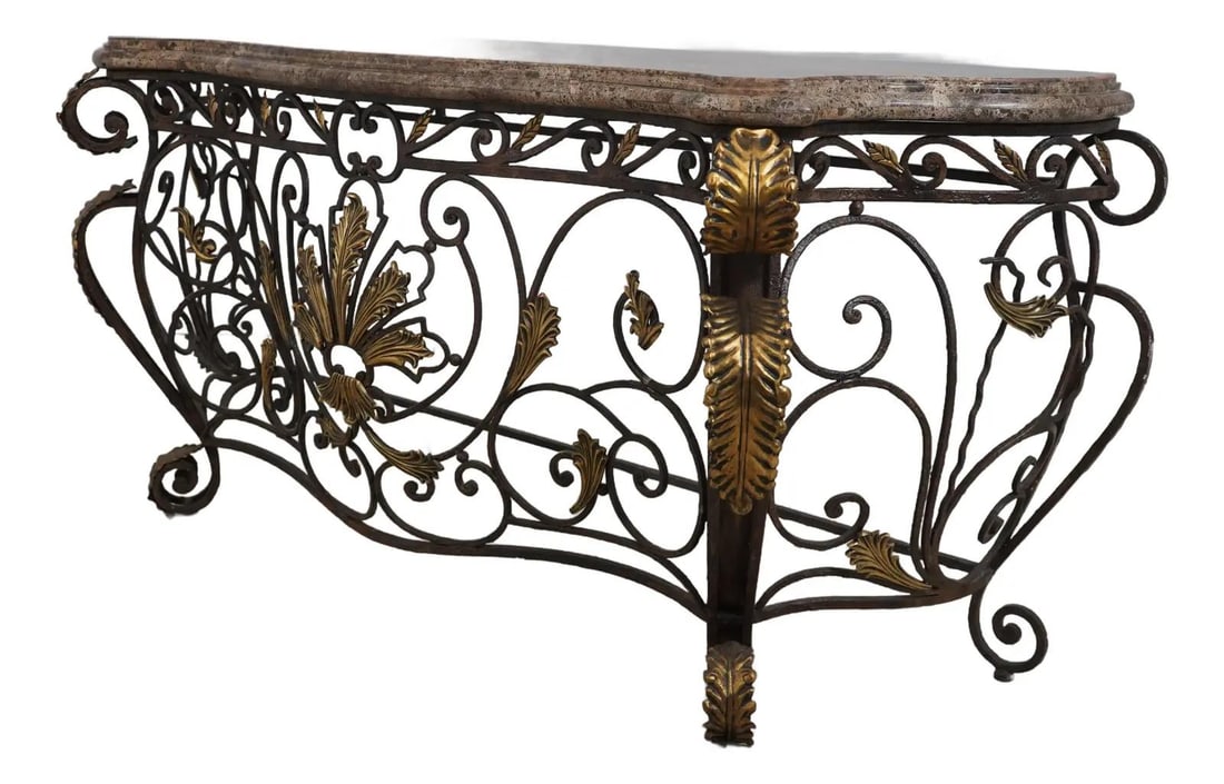 Maitland Smith Large Marble Top Console Table with Iron Base: Maitland Smith Large Marble Top Console Table with Iron Base This stunning console table features a large marble top and a beautifully crafted iron base. With a generous size of 83" width, 23" depth, 