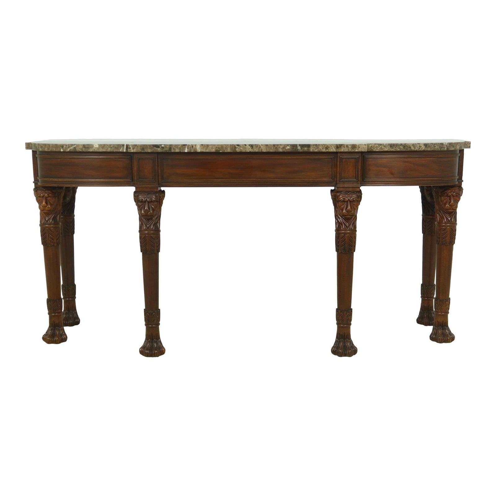 Henkel Harris Lion Carved Mahogany Console Table with Marble Top 72x19.5x34: Henkel Harris Lion Carved Mahogany Console Table with Marble Top 72x19.5x34 This exquisite Henkel Harris console table features a stunning mahogany construction with intricate lion carvings, showcasin
