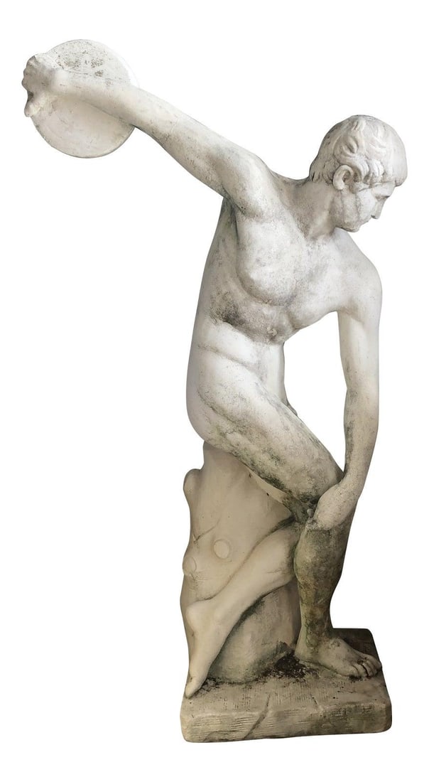 Life Size Concrete Discus Thrower Statue: Life Size Concrete Discus Thrower Statue This stunning life-size statue depicts a Greek discus thrower in a dynamic pose, showcasing detailed anatomical features that enhance its impressive presence.
