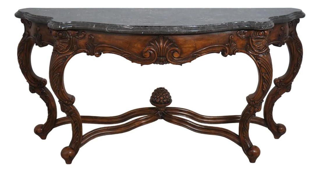 Elegant Italian Console Table with Gray Marble Top: Elegant Italian Console Table with Gray Marble Top This exquisite Italian style console foyer table features a stunning beveled edge gray marble top and an elegantly carved base. Crafted approximately
