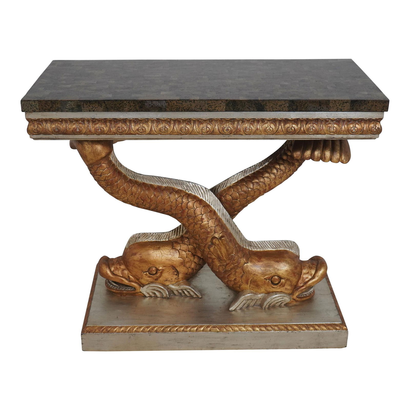 Maitland Smith Regency Dolphin Base Console Table 40 x 20 x 32.5 in Gold Finish: Maitland Smith Regency Dolphin Base Console Table 40 x 20 x 32.5 in Gold Finish This elegant Regency Style Console Table features a stunning dolphin carved base and a beautiful marble overlay tessella