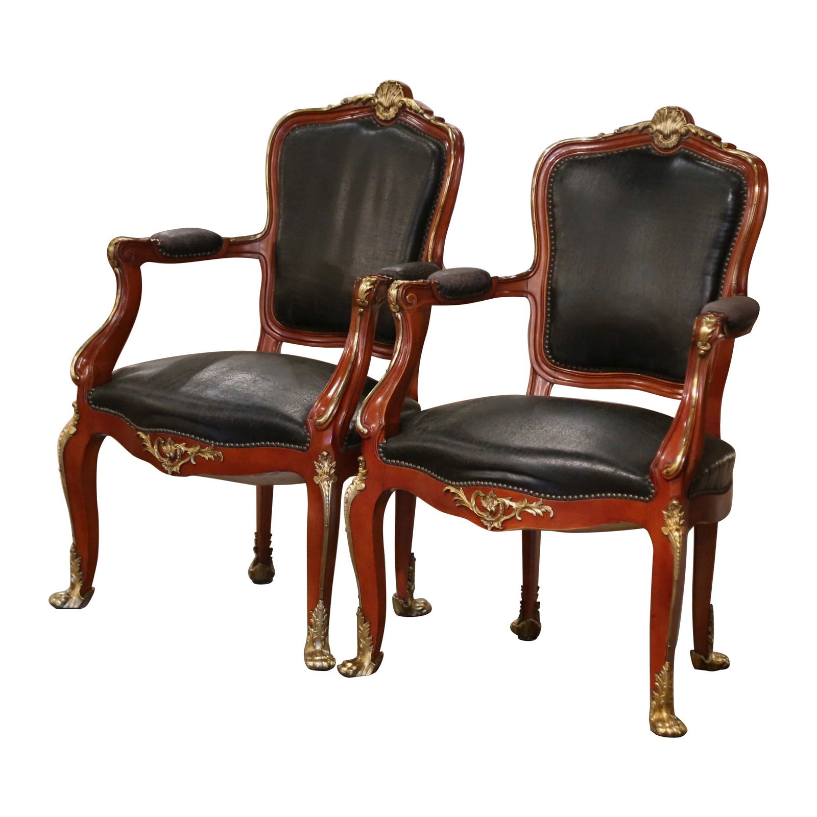 Elegant Pair of 19th Century French Louis XV Mahogany Armchairs with Bronze and Leather: Elegant Pair of 19th Century French Louis XV Mahogany Armchairs with Bronze and Leather Elevate your workspace with this exquisite pair of 19th Century French Louis XV desk armchairs. Crafted in mid-1