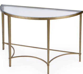 Butler Antique Style Gold Demilune Console Table with Glass Top: Butler Antique Style Gold Demilune Console Table with Glass Top Enhance your living space with this Stylish Antique Style Gold Console Table, expertly crafted to reflect a vintage aesthetic while offe