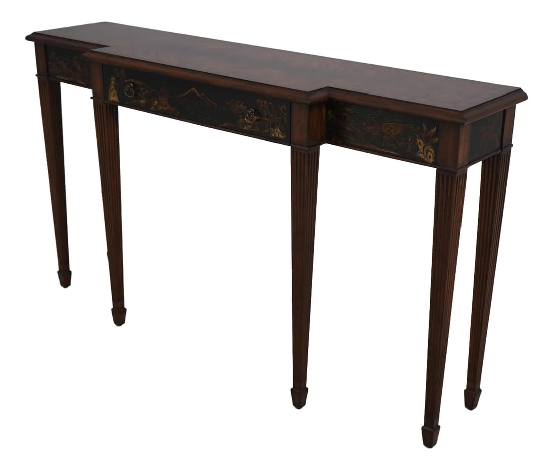Maitland Smith Chinoiserie Mahogany Console Table 60x15x34: Maitland Smith Chinoiserie Mahogany Console Table 60x15x34 This stunning Maitland Smith Chinoiserie console sofa table showcases exquisite craftsmanship and elegant design. Crafted from high-quality m