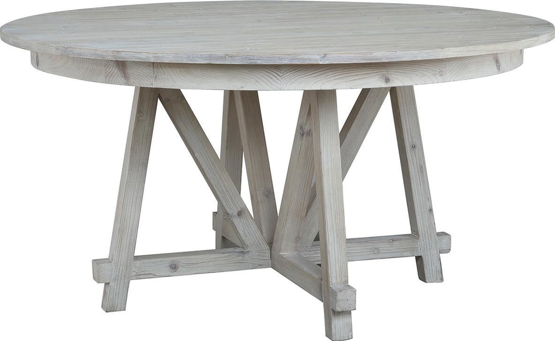 Rustic Whitewash Round Dining Table: Rustic Whitewash Round Dining Table This Sustainable Dining Table showcases a charming rustic design, featuring a round shape and a lovely whitewash sealed finish. Crafted from reclaimed pine wood, it