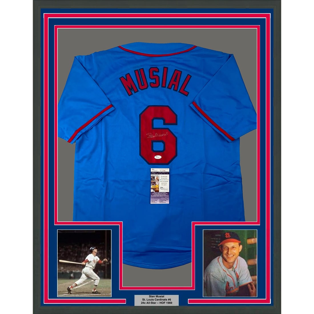 Framed Signed Stan Musial St. Louis Cardinals Jersey 33x42 JSA COA: Framed Signed Stan Musial St. Louis Cardinals Jersey 33x42 JSA COA This is a stunning framed jersey featuring a genuine autograph from the legendary baseball player Stan Musial. The jersey, representi