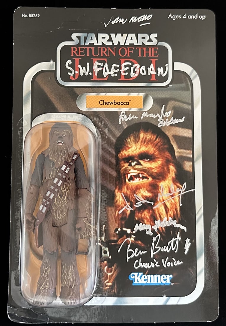 Chewbacca Signed Action Figure by Star Wars Creators with Beckett COA: Chewbacca Signed Action Figure by Star Wars Creators with Beckett COA Celebrate the legacy of Chewbacca with this exclusive signed action figure from the ROTJ Trilogy Collection. Authentically signed