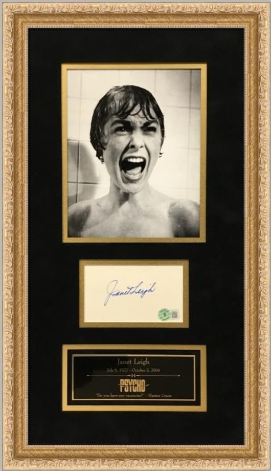 Janet Leigh Signed Framed Display 23 x 13 PSYCHO BAS Authenticated: Janet Leigh Signed Framed Display 23 x 13 PSYCHO BAS Authenticated This professionally framed display features a cut signature from Janet Leigh, the acclaimed actress renowned for her role as Marion C